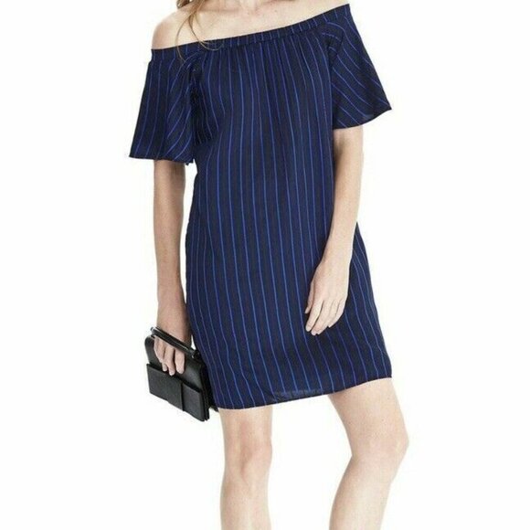 Banana Republic Striped Navy Off The Shoulder Shift Dress - Picture 1 of 10